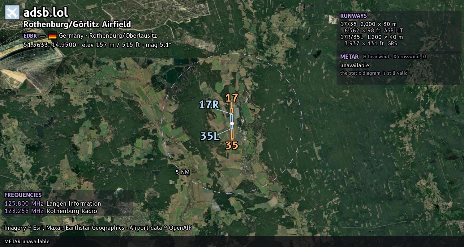 Satellite map with the runway layout of Rothenburg/Görlitz Airfield (EDBR)