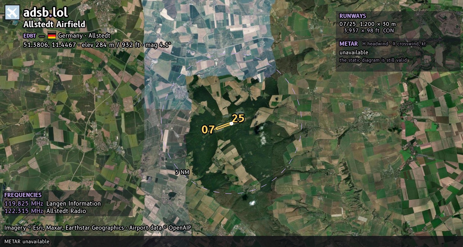Satellite map with the runway layout of Allstedt Airfield (EDBT)
