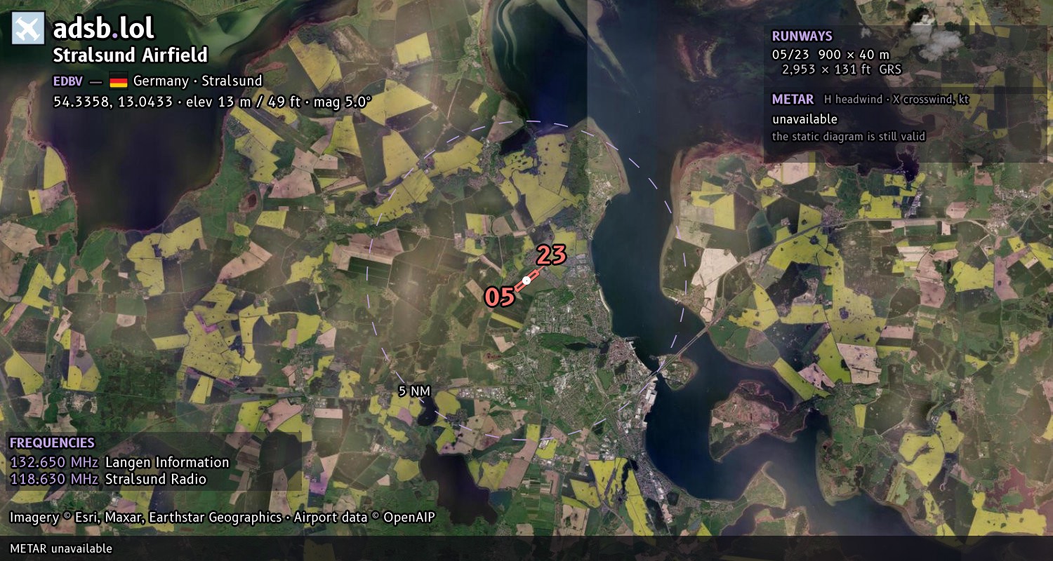 Satellite map with the runway layout of Stralsund Airfield (EDBV)