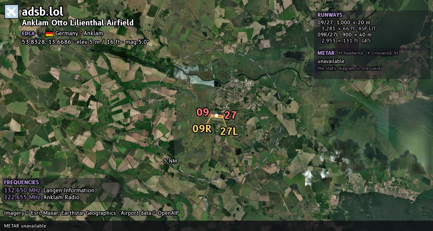 Satellite map with the runway layout of Anklam Otto Lilienthal Airfield (EDCA)