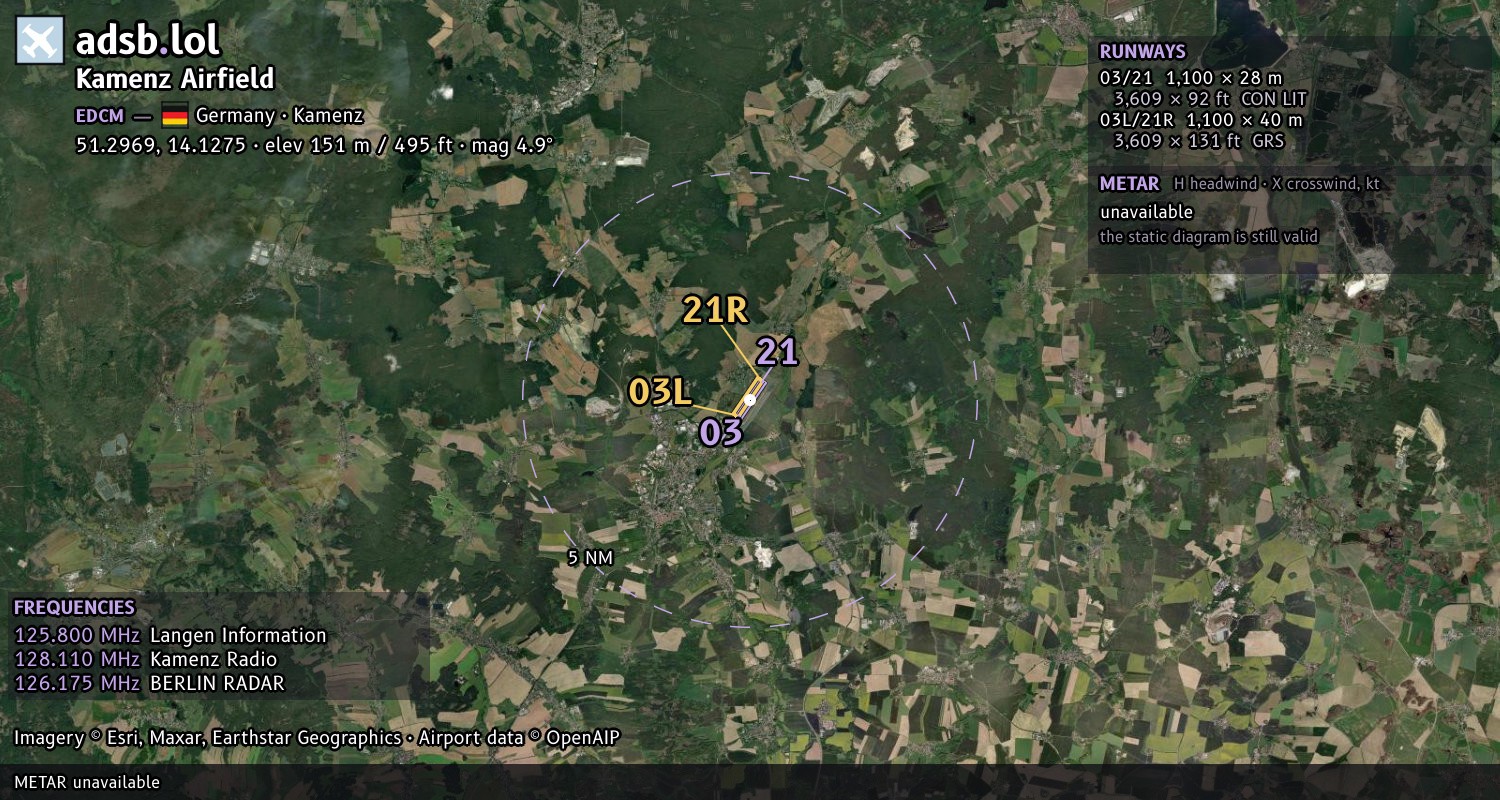 Satellite map with the runway layout of Kamenz Airfield (EDCM)