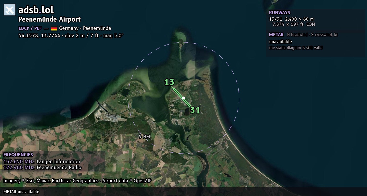 Satellite map with the runway layout of Peenemünde Airport (EDCP)