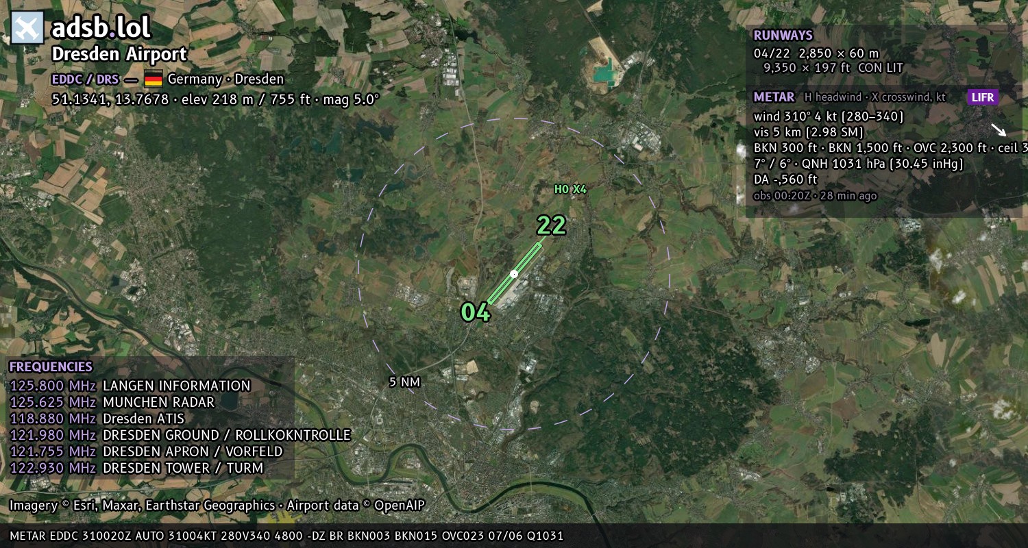 Satellite map with the runway layout of Dresden Airport (EDDC)