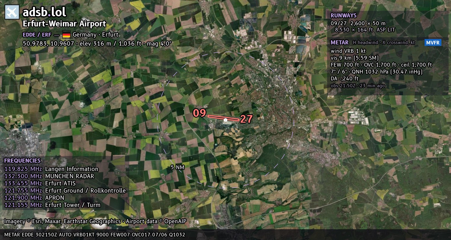 Satellite map with the runway layout of Erfurt-Weimar Airport (EDDE)
