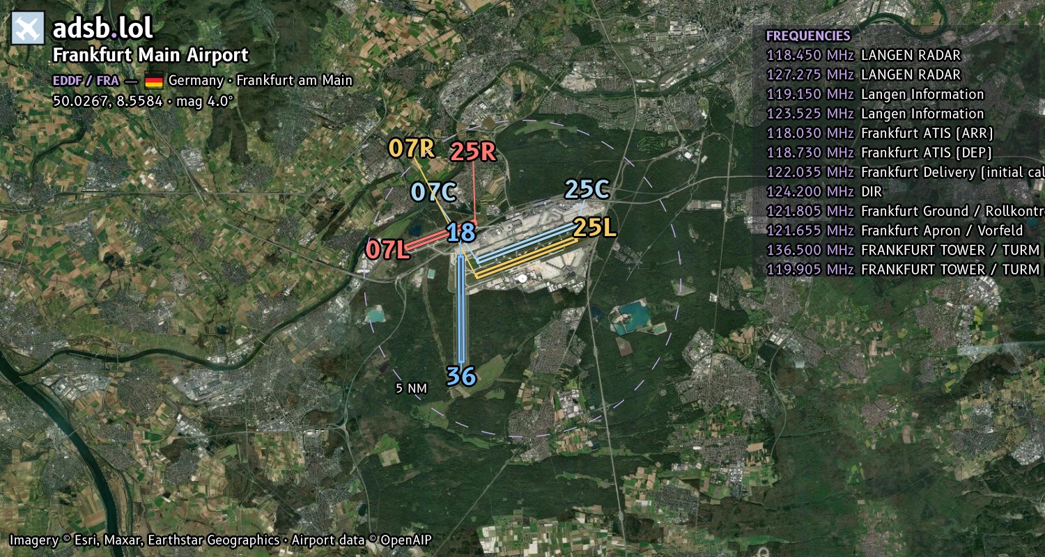 Satellite map with the runway layout of Frankfurt Main Airport (EDDF)