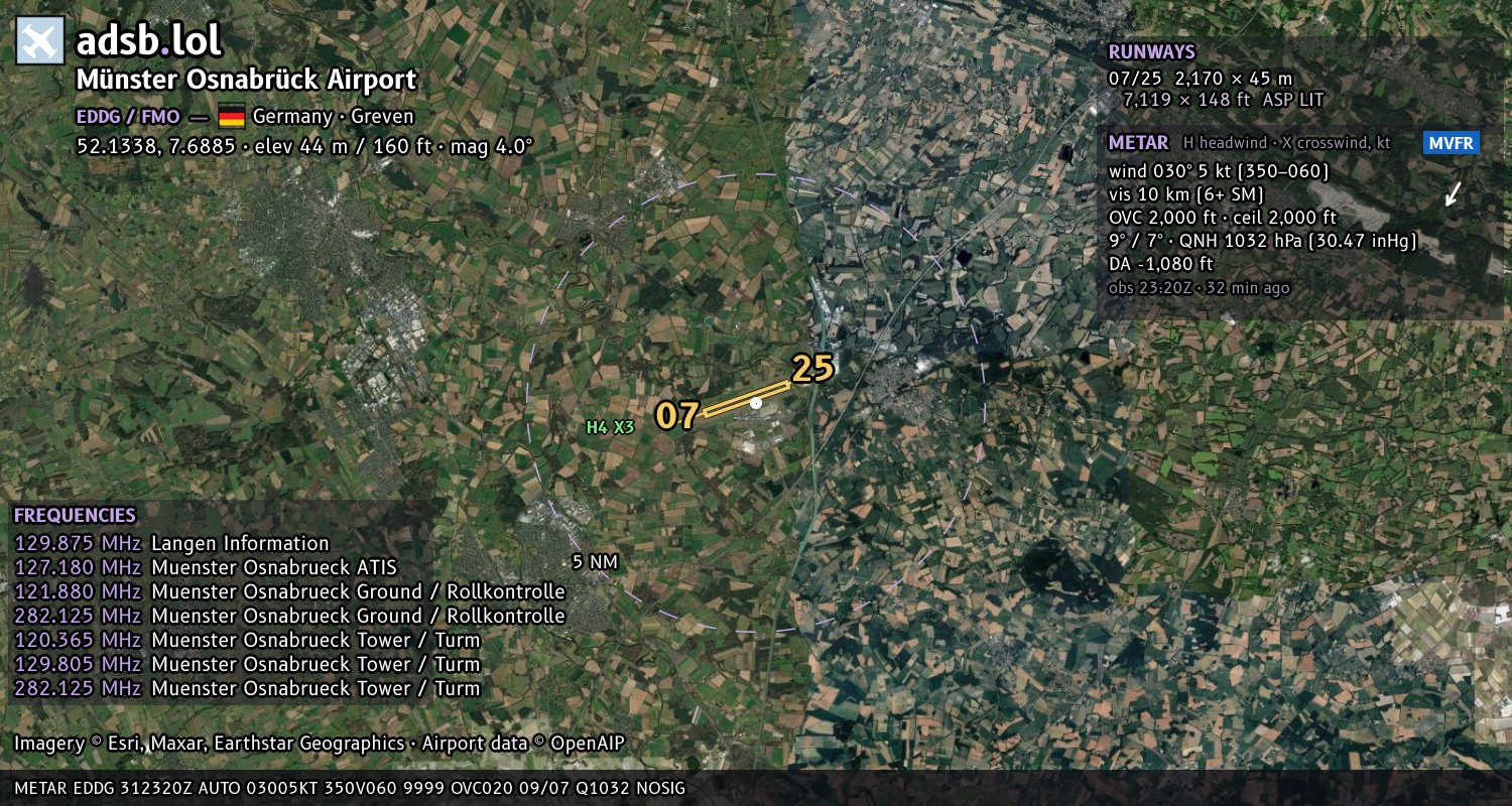 Satellite map with the runway layout of Münster Osnabrück Airport (EDDG)