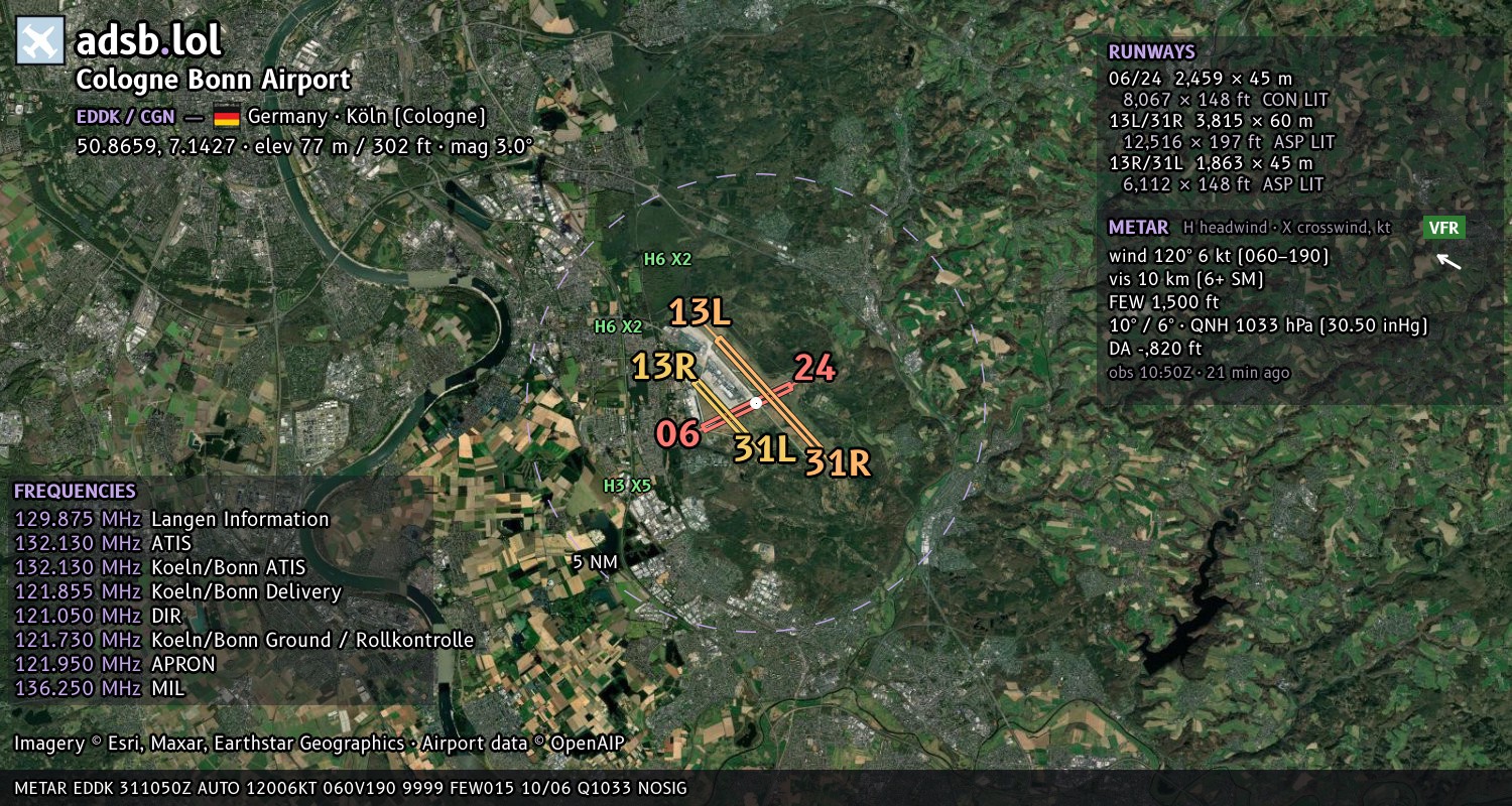 Satellite map with the runway layout of Cologne Bonn Airport (EDDK)