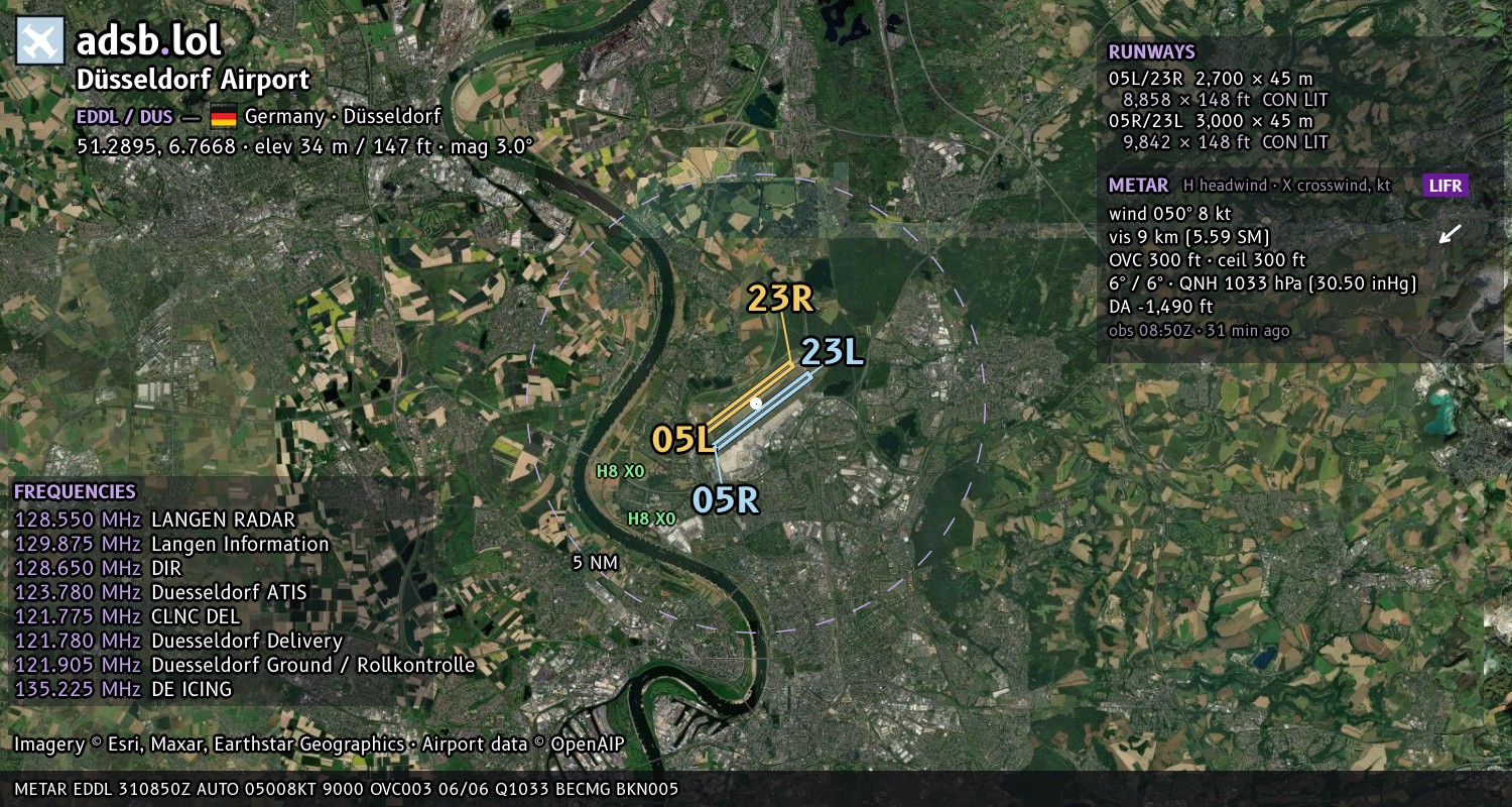 Satellite map with the runway layout of Düsseldorf Airport (EDDL)