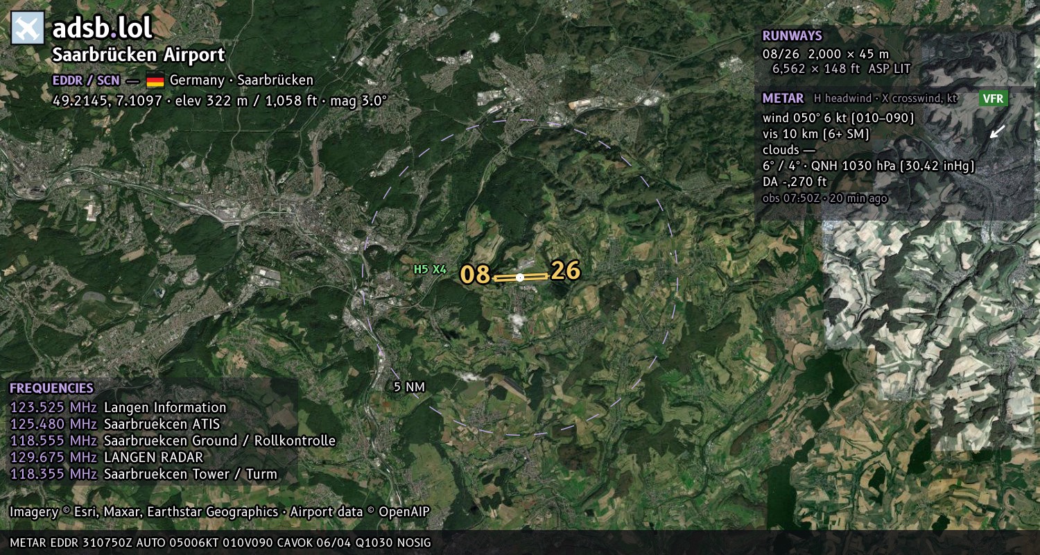Satellite map with the runway layout of Saarbrücken Airport (EDDR)