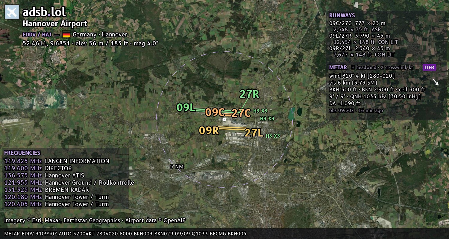 Satellite map with the runway layout of Hannover Airport (EDDV)