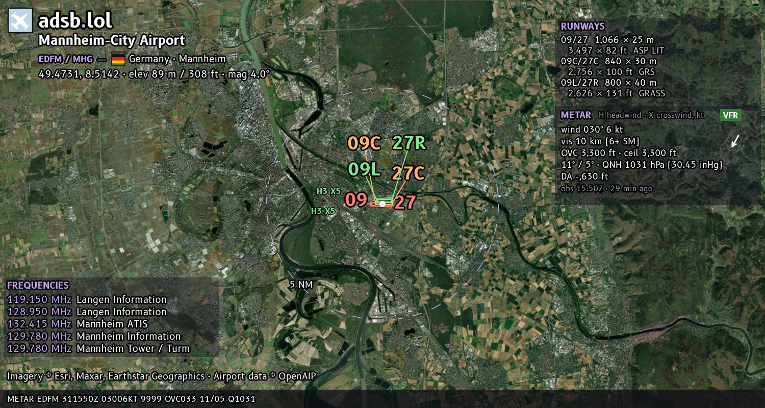 Satellite map with the runway layout of Mannheim-City Airport (EDFM)