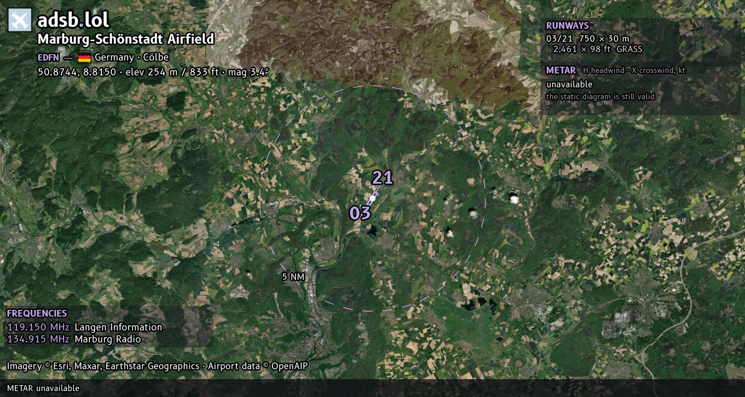 Satellite map with the runway layout of Marburg-Schönstadt Airfield (EDFN)