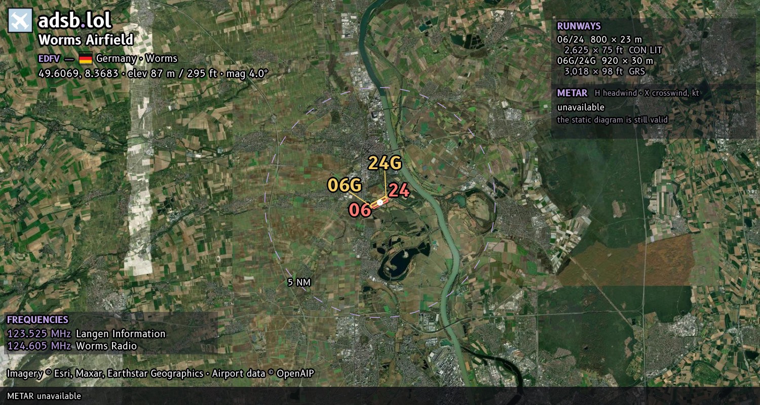 Satellite map with the runway layout of Worms Airfield (EDFV)