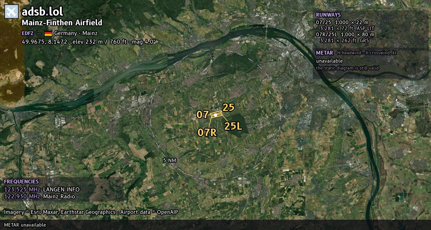 Satellite map with the runway layout of Mainz-Finthen Airfield (EDFZ)