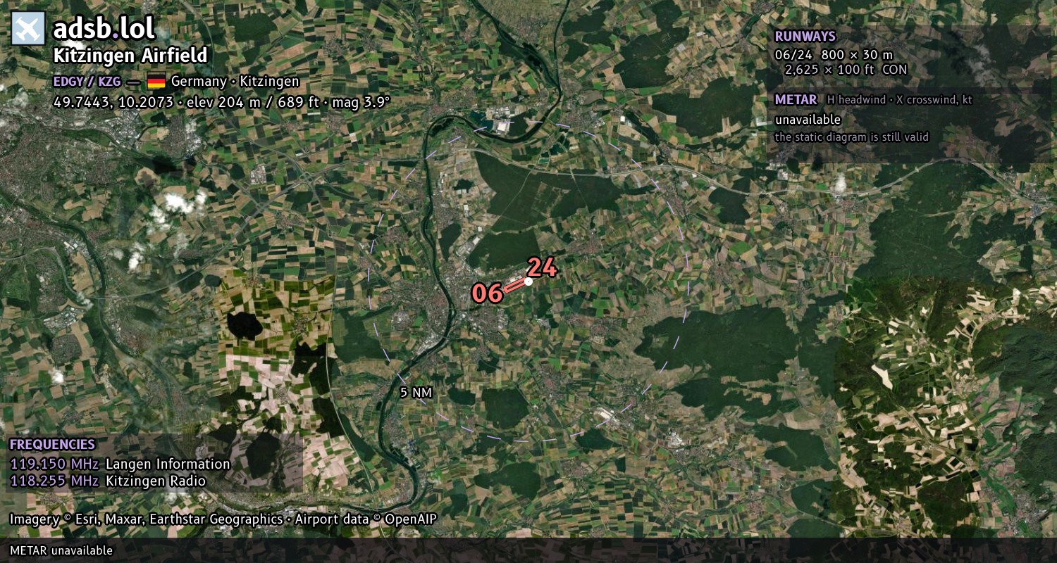 Satellite map with the runway layout of Kitzingen Airfield (EDGY)
