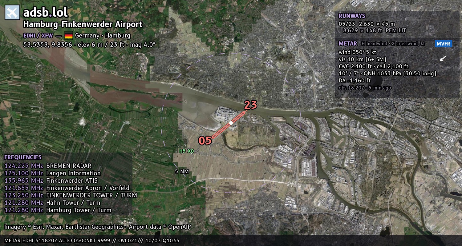Satellite map with the runway layout of Hamburg-Finkenwerder Airport (EDHI)