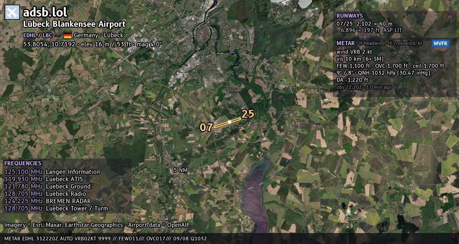 Satellite map with the runway layout of Lübeck Blankensee Airport (EDHL)