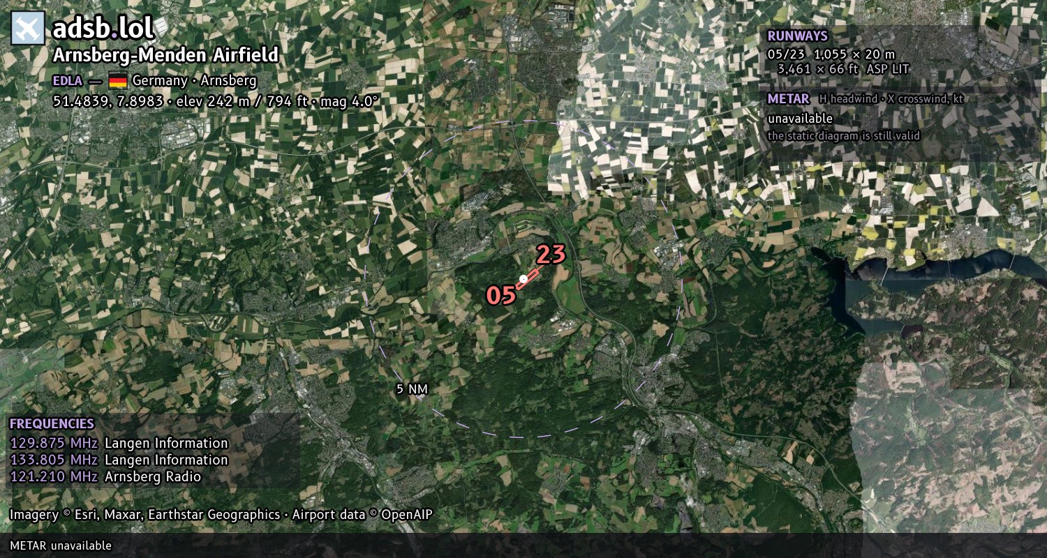 Satellite map with the runway layout of Arnsberg-Menden Airfield (EDLA)