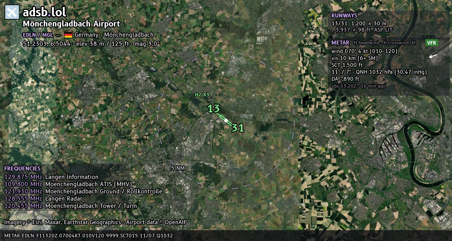 Satellite map with the runway layout of Mönchengladbach Airport (EDLN)