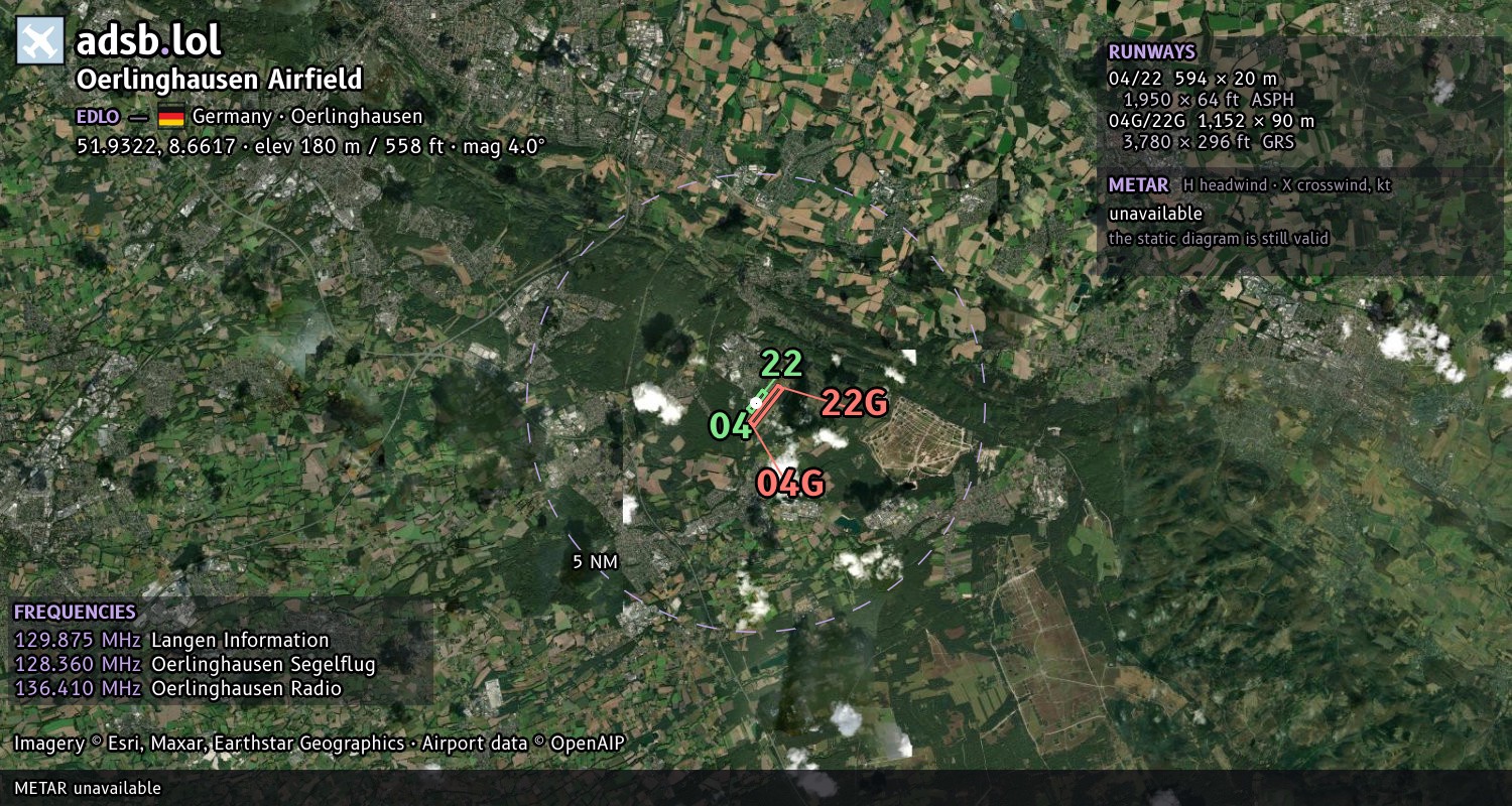 Satellite map with the runway layout of Oerlinghausen Airfield (EDLO)
