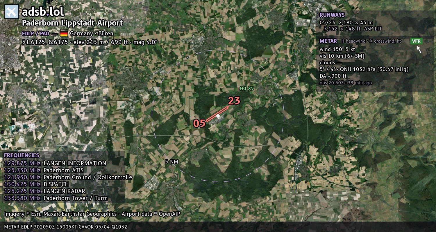 Satellite map with the runway layout of Paderborn Lippstadt Airport (EDLP)