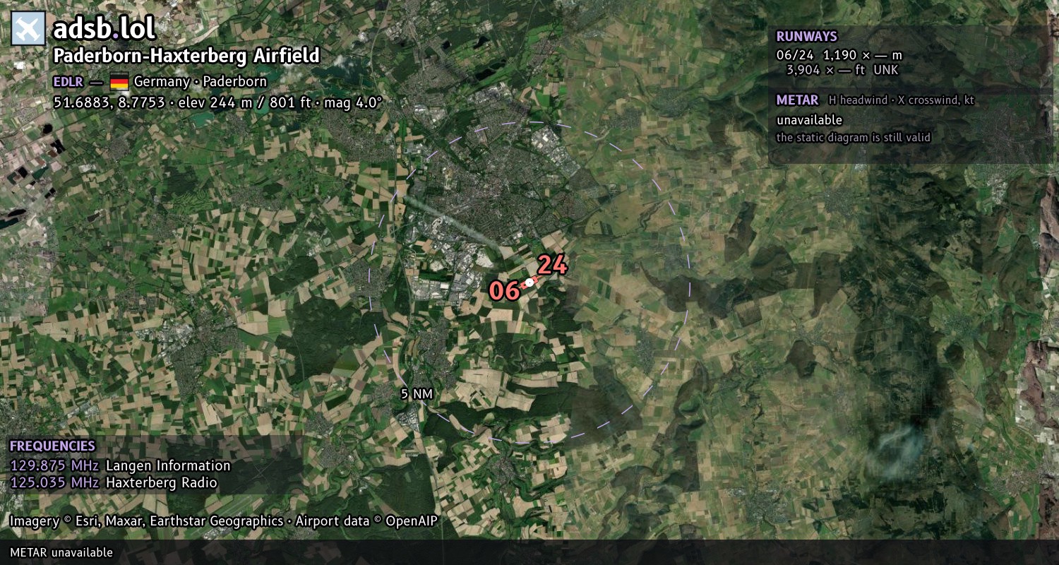 Satellite map with the runway layout of Paderborn-Haxterberg Airfield (EDLR)