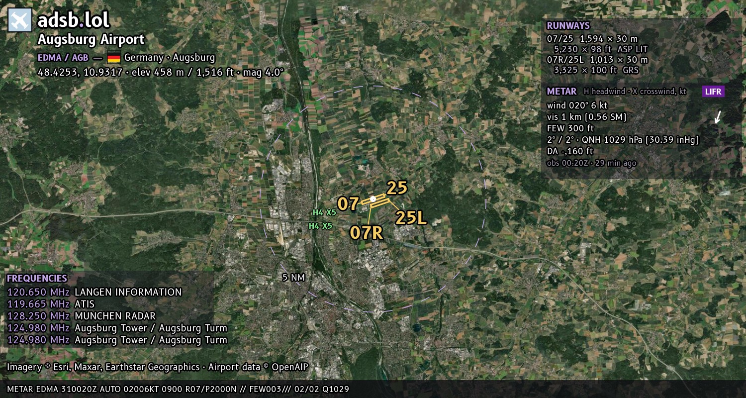 Satellite map with the runway layout of Augsburg Airport (EDMA)