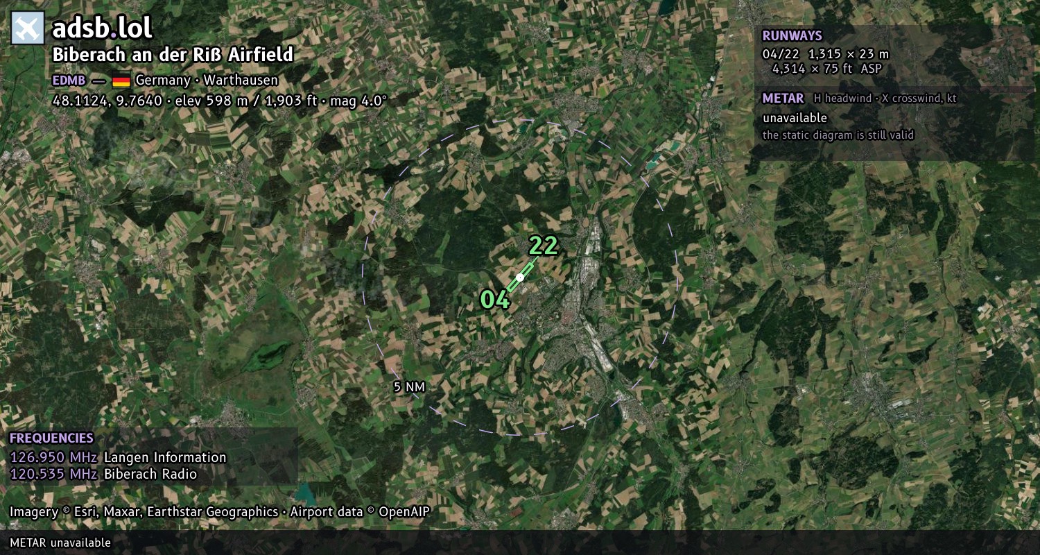 Satellite map with the runway layout of Biberach an der Riß Airfield (EDMB)