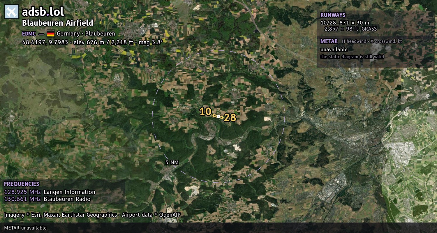 Satellite map with the runway layout of Blaubeuren Airfield (EDMC)