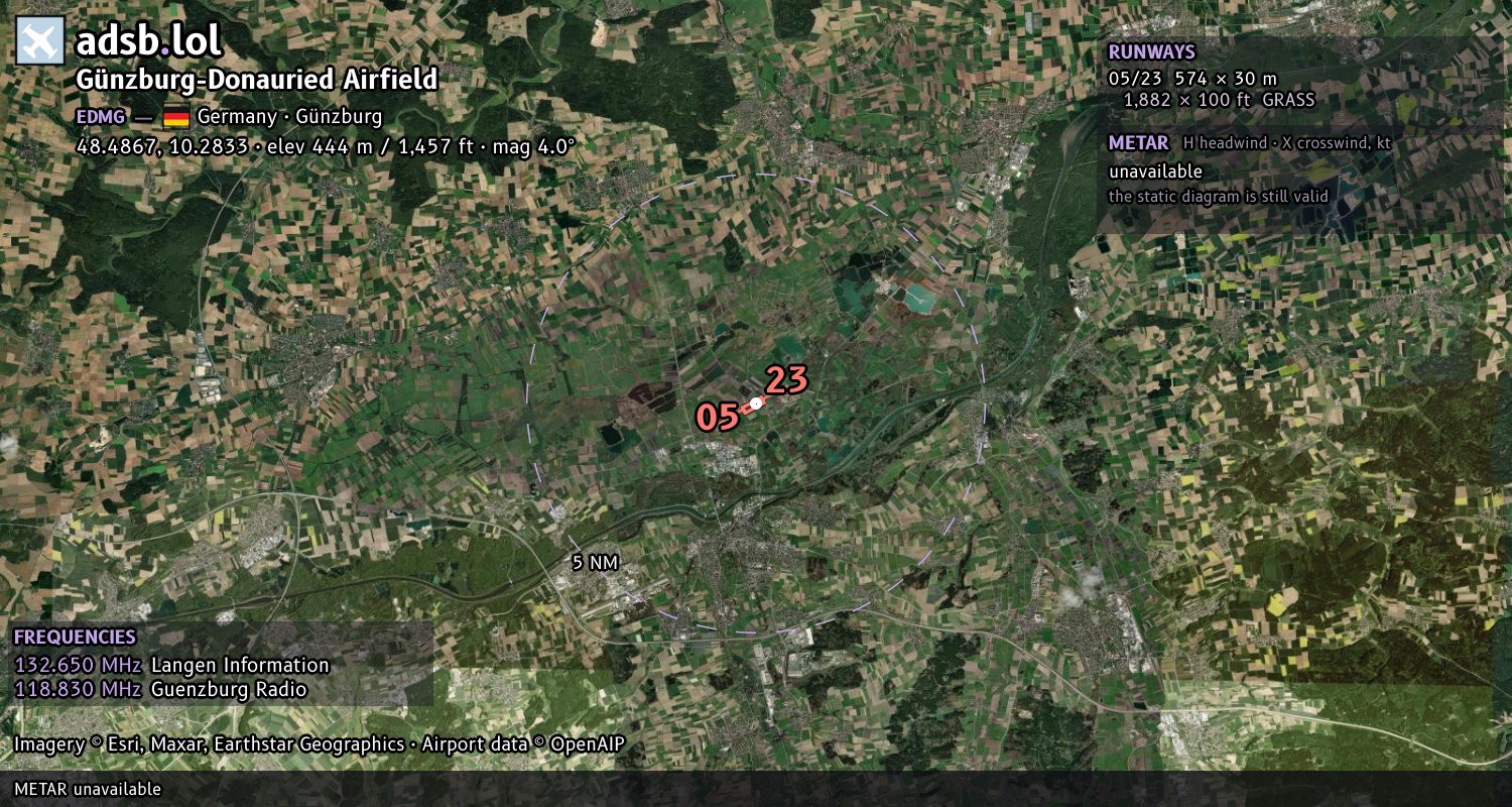 Satellite map with the runway layout of Günzburg-Donauried Airfield (EDMG)
