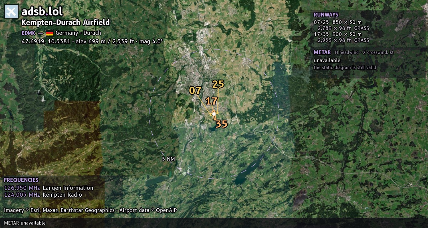 Satellite map with the runway layout of Kempten-Durach Airfield (EDMK)