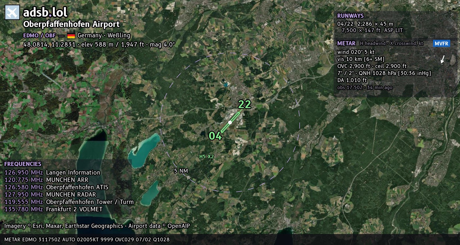 Satellite map with the runway layout of Oberpfaffenhofen Airport (EDMO)