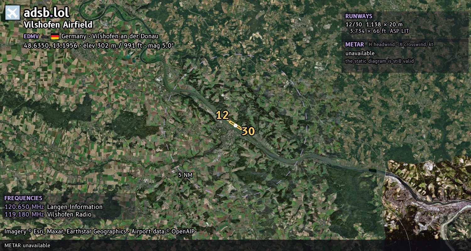 Satellite map with the runway layout of Vilshofen Airfield (EDMV)