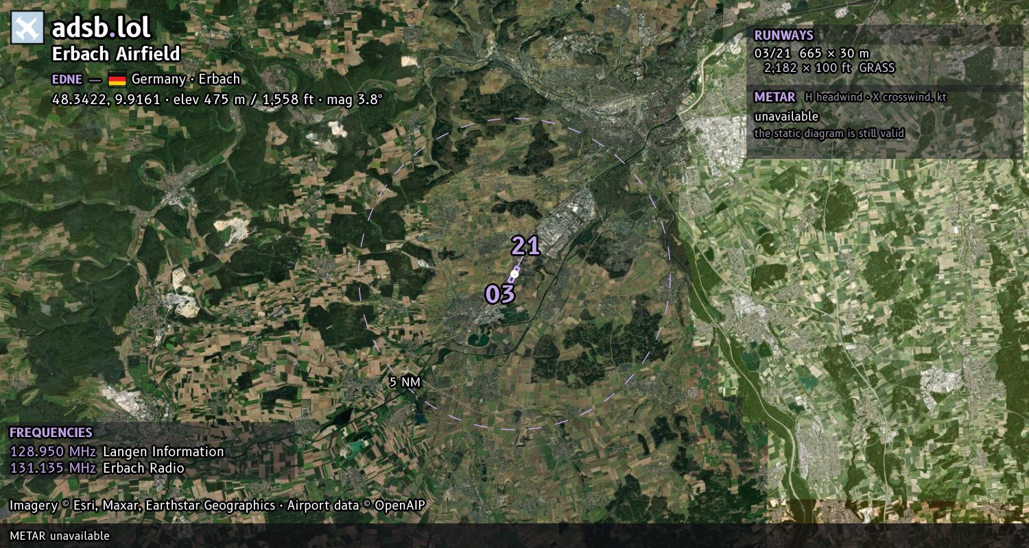 Satellite map with the runway layout of Erbach Airfield (EDNE)