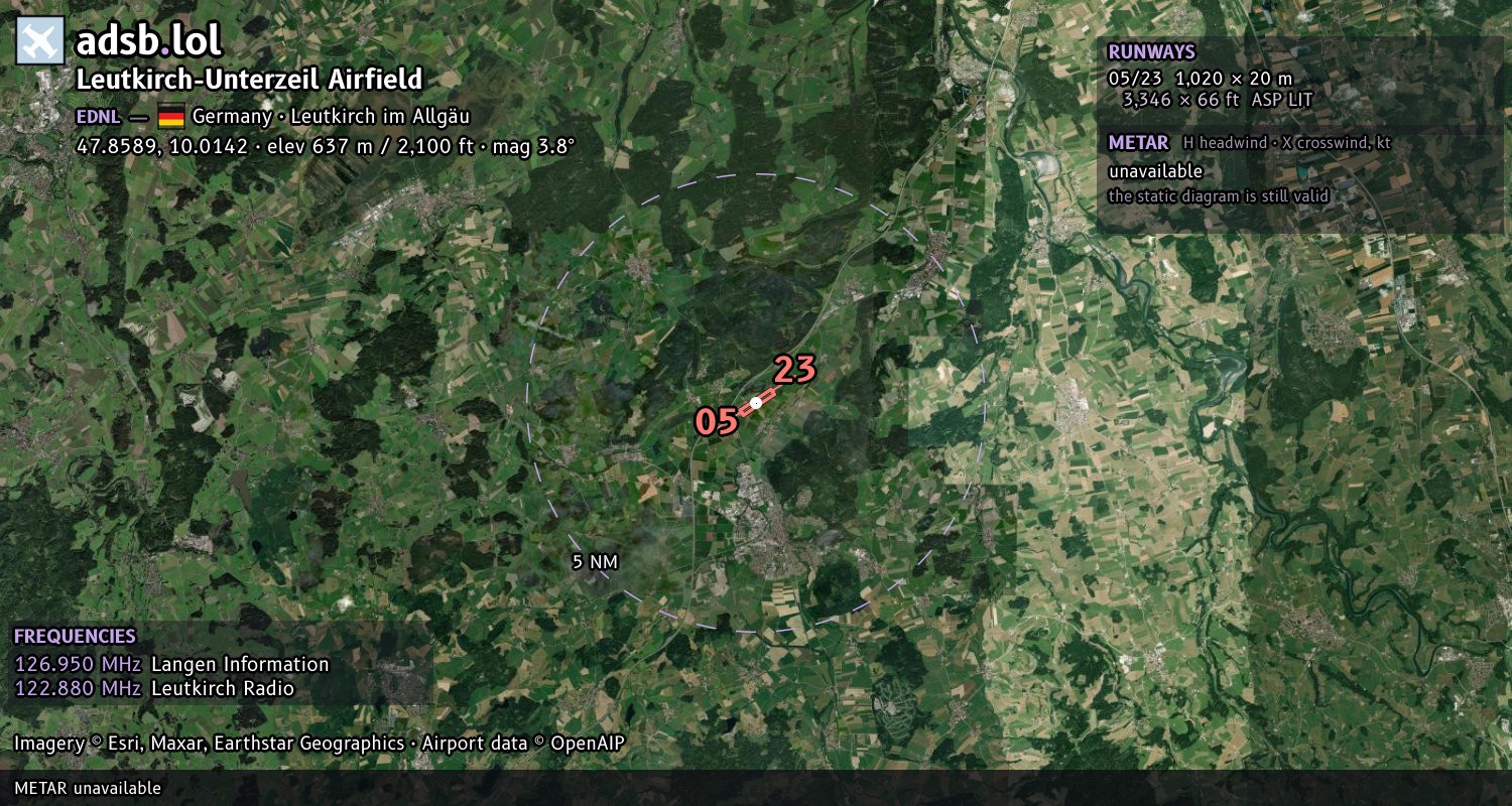 Satellite map with the runway layout of Leutkirch-Unterzeil Airfield (EDNL)