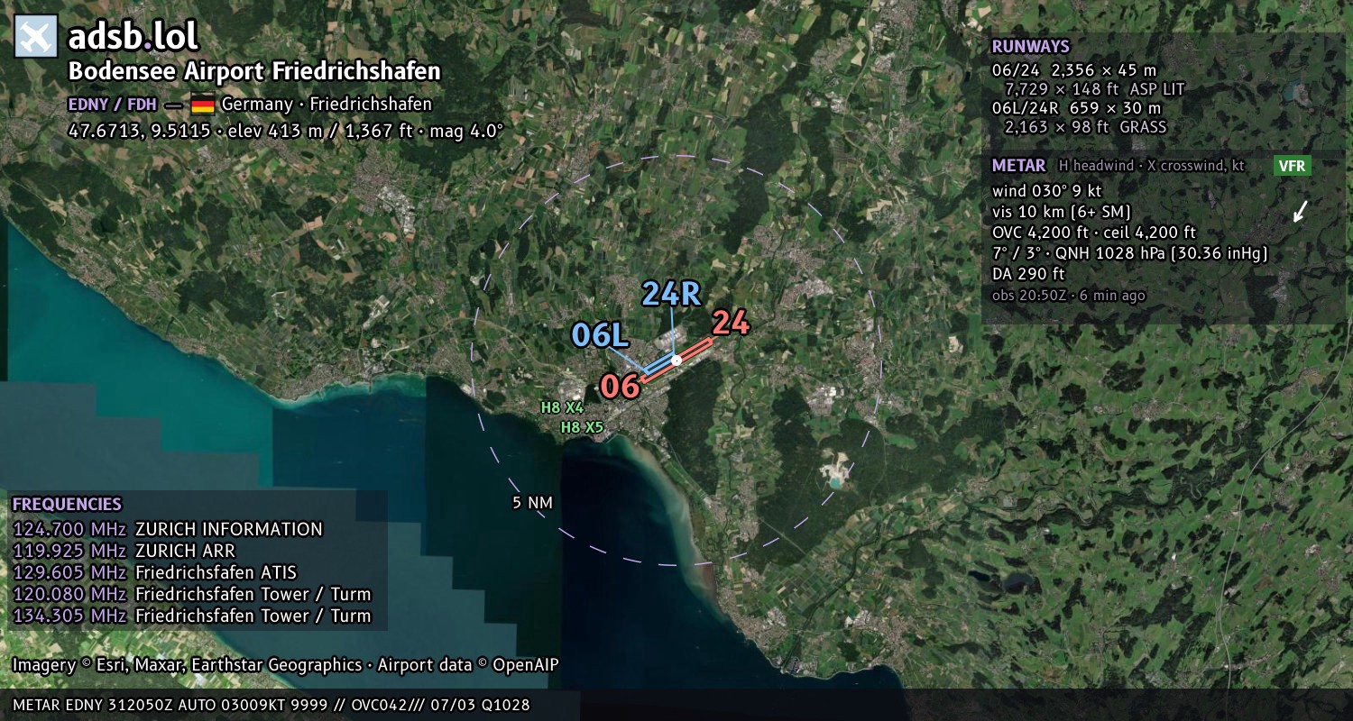 Satellite map with the runway layout of Bodensee Airport Friedrichshafen (EDNY)