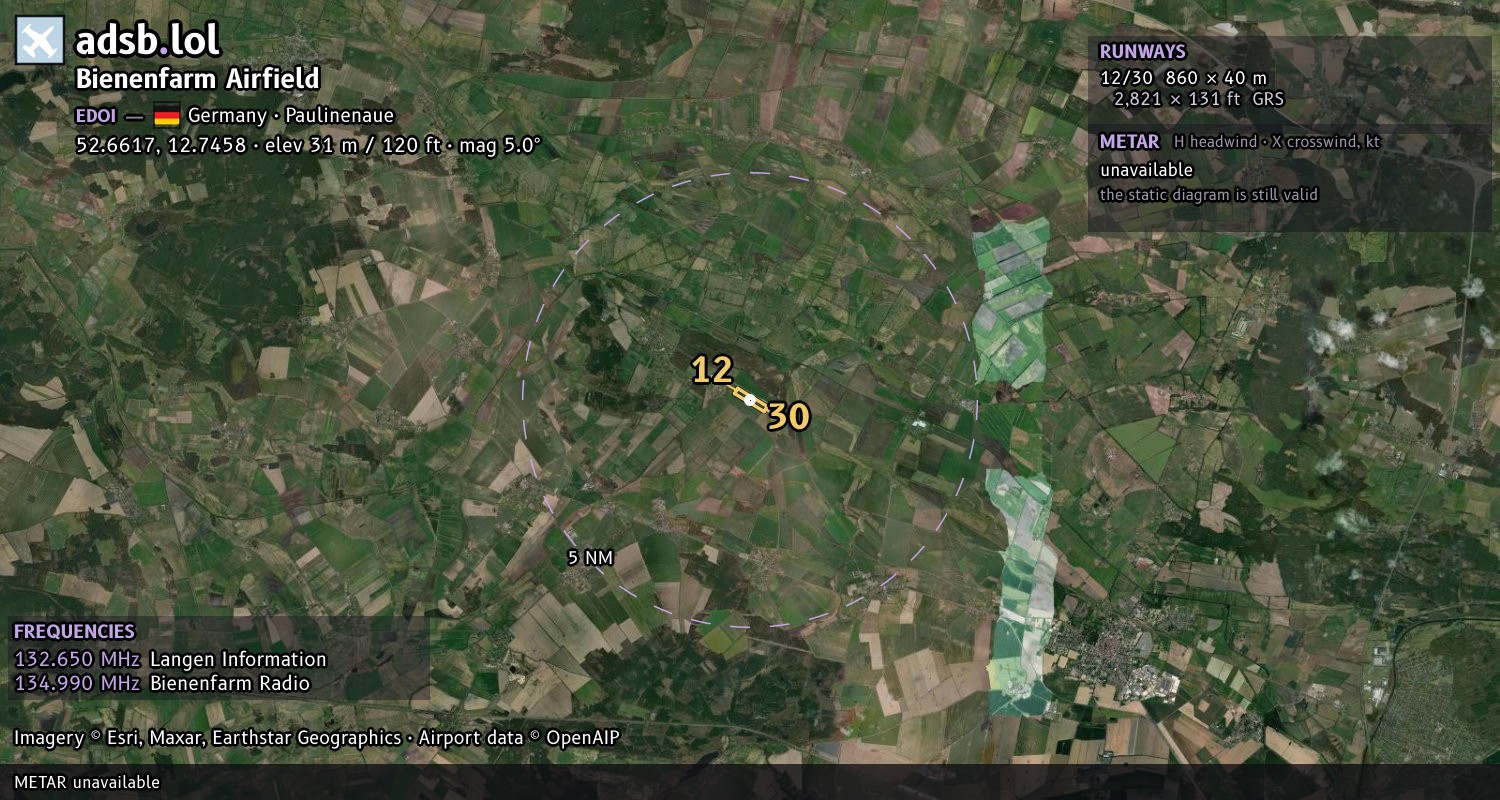 Satellite map with the runway layout of Bienenfarm Airfield (EDOI)