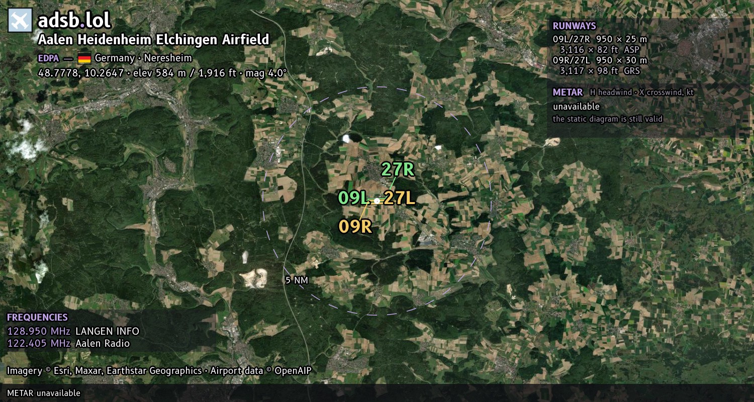 Satellite map with the runway layout of Aalen Heidenheim Elchingen Airfield (EDPA)
