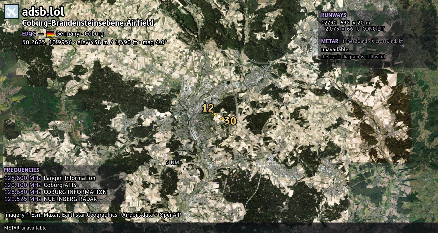 Satellite map with the runway layout of Coburg-Brandensteinsebene Airfield (EDQC)