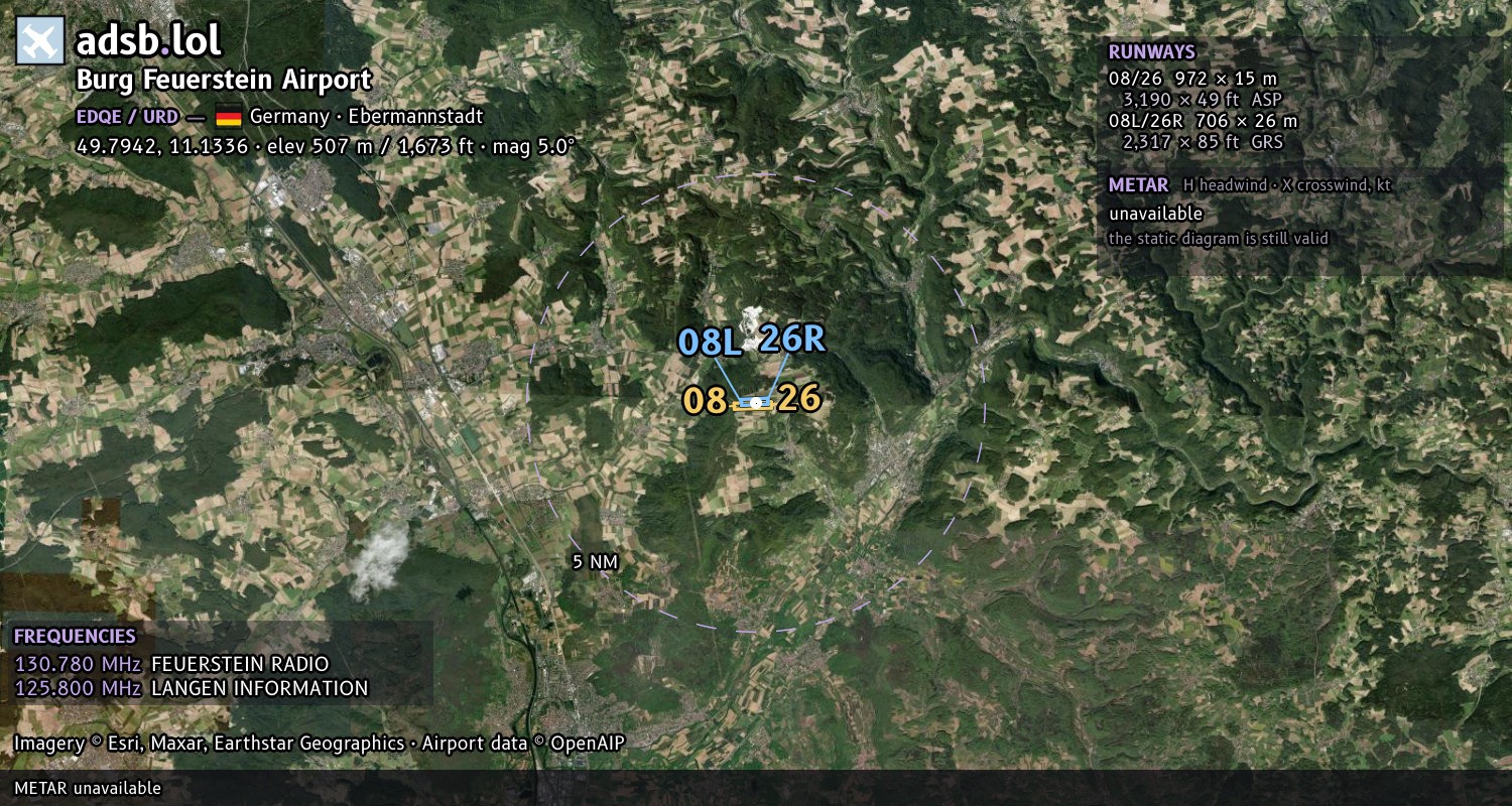 Satellite map with the runway layout of Burg Feuerstein Airport (EDQE)