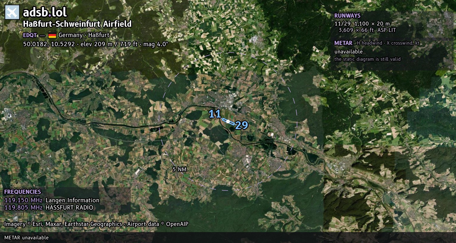 Satellite map with the runway layout of Haßfurt-Schweinfurt Airfield (EDQT)