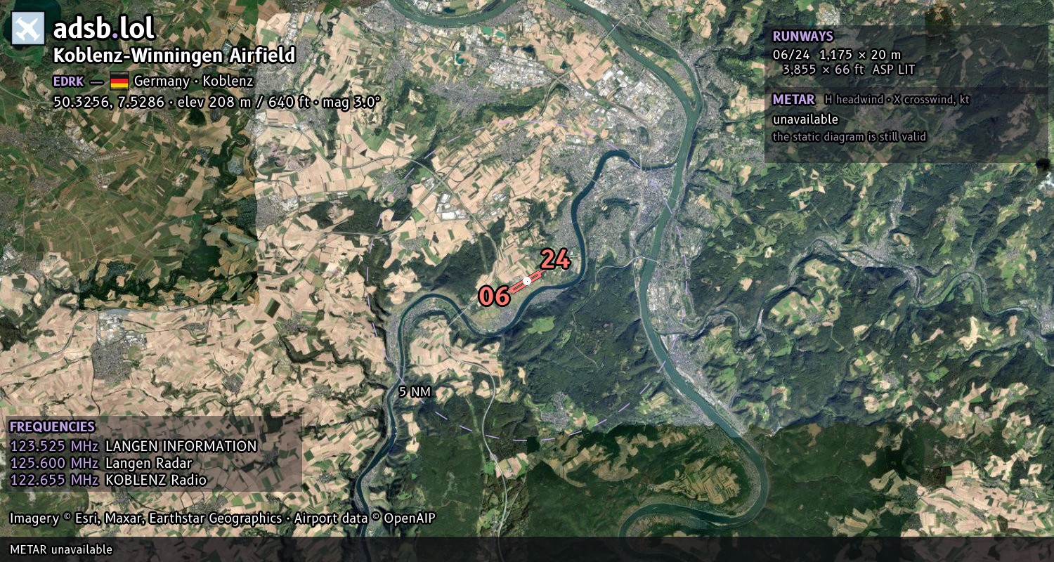 Satellite map with the runway layout of Koblenz-Winningen Airfield (EDRK)