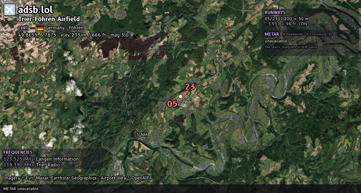 Satellite map with the runway layout of Trier-Föhren Airfield (EDRT)