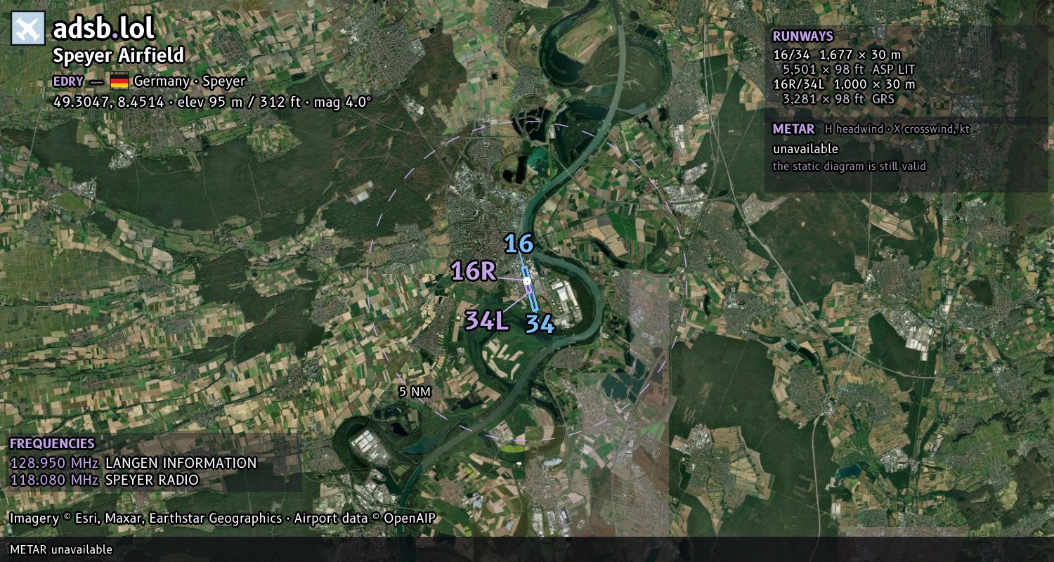 Satellite map with the runway layout of Speyer Airfield (EDRY)