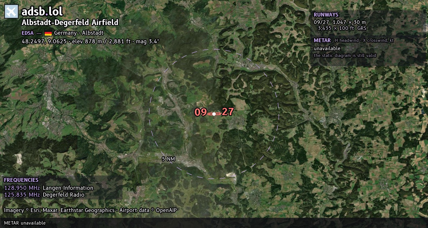 Satellite map with the runway layout of Albstadt-Degerfeld Airfield (EDSA)