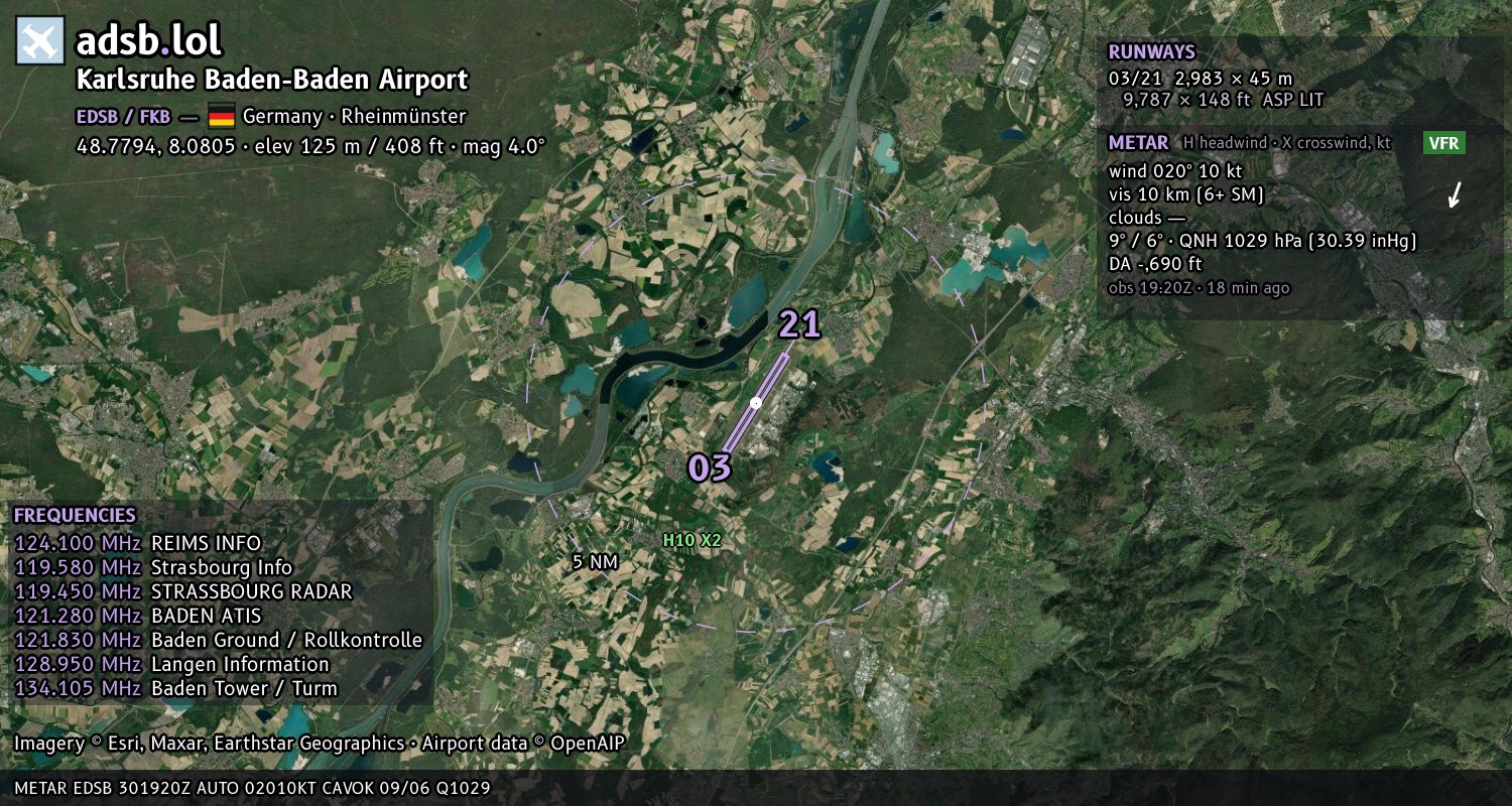 Satellite map with the runway layout of Karlsruhe Baden-Baden Airport (EDSB)