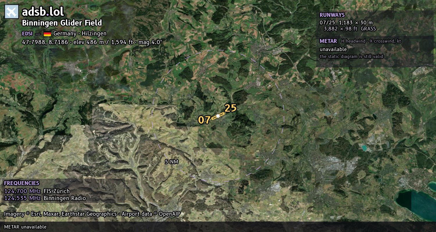 Satellite map with the runway layout of Binningen Glider Field (EDSI)