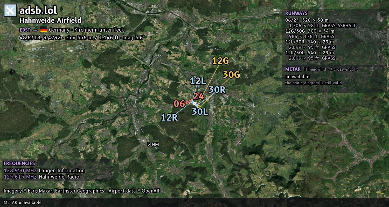 Satellite map with the runway layout of Hahnweide Airfield (EDST)