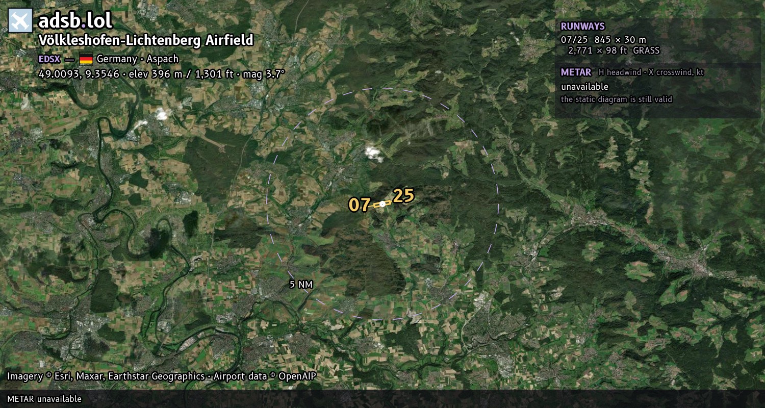 Satellite map with the runway layout of Völkleshofen-Lichtenberg Airfield (EDSX)