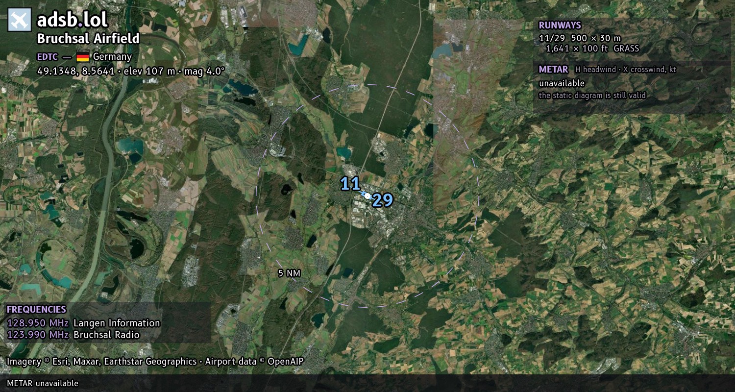 Satellite map with the runway layout of Bruchsal Airfield (EDTC)